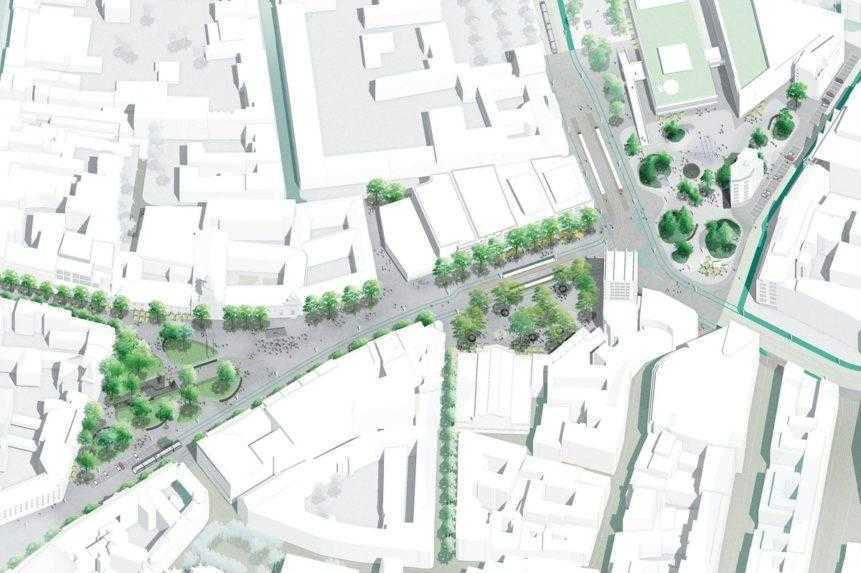 Vizualizácia víťazného návrhu Živého námestia, na ktorej je zjednotený priestor zľava: Námestia SNP, Námestia Nežnej revolúcie a Kamenného námestia.