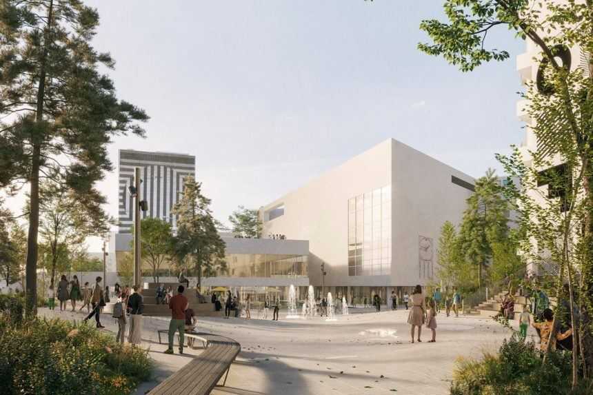 Vizualizácia víťazného návrhu Živého námestia, na obrázku priestor pred obchodným domom Prior. 