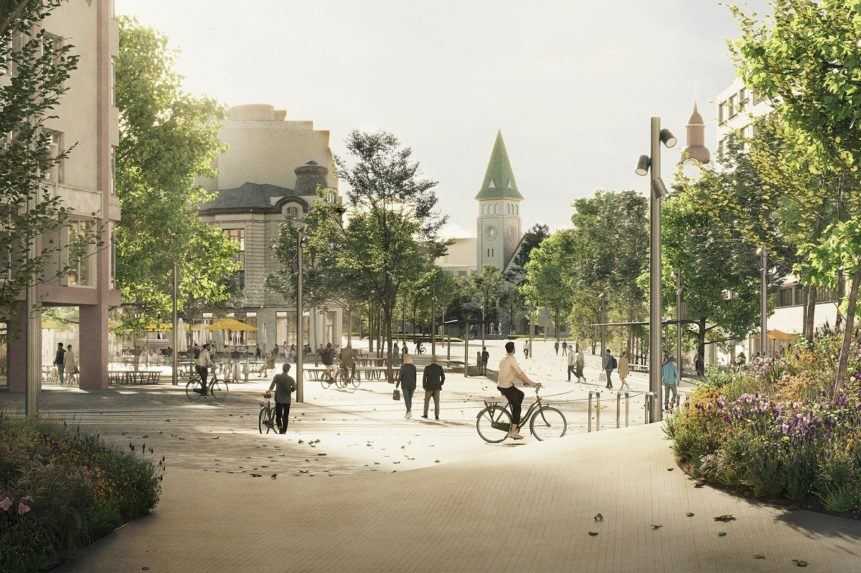 Vizualizácia víťazného návrhu Živého námestia s pohľadom od takzvaného Manderláku smerom na Námestie SNP.