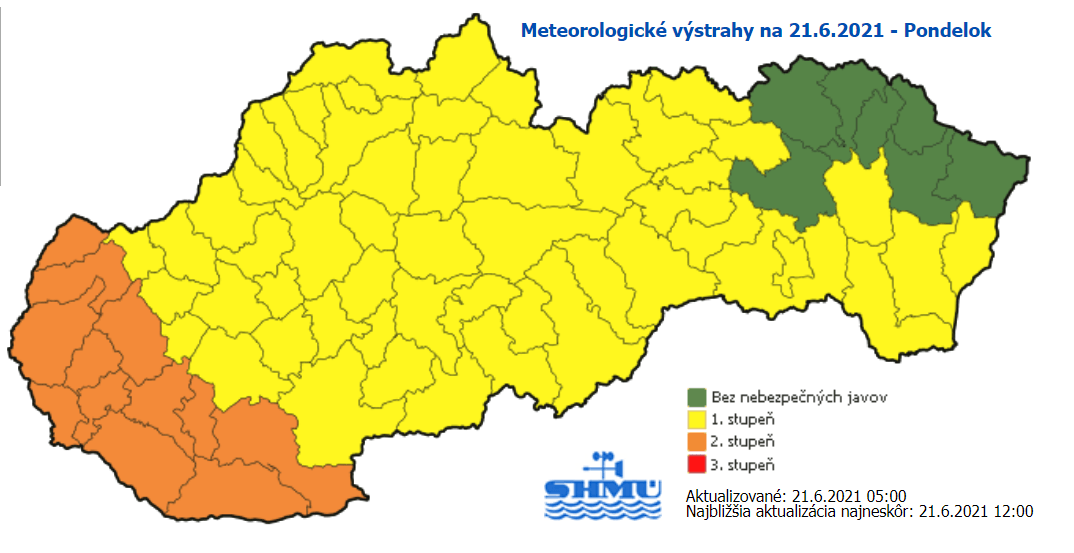 Mapa s výstrahami SHMÚ.