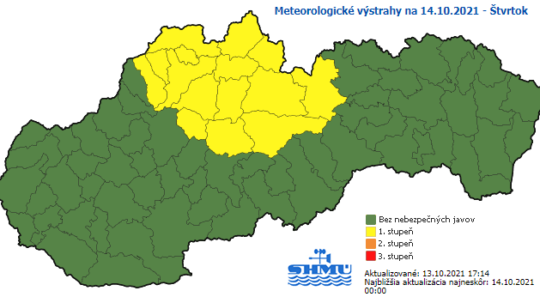 Mapa SR s výstrahami.