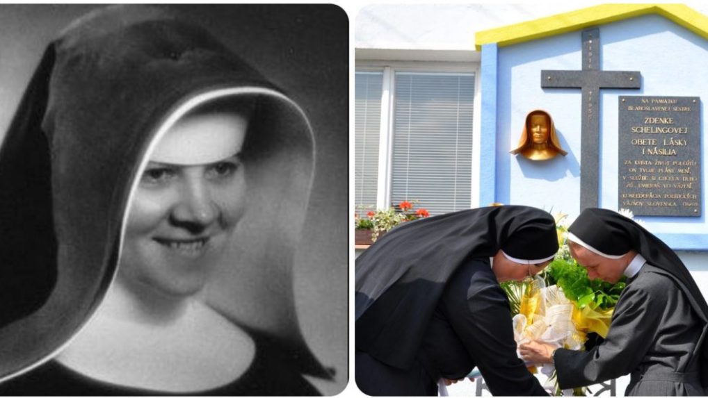 Na kombosnímke blahoslavená Zdenka Schelingová a pamätná tabuľa v jej rodnej obci Krivá na Orave.
