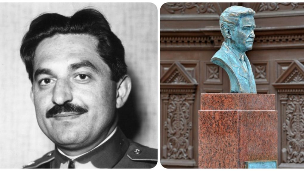 Na kombosn&iacute;mke Ferdinand Ďurčansk&yacute; a jeho busta, ktor&uacute; mu odhalili v rodnom meste Rajec.