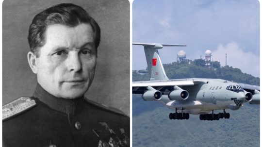 Ruský konštruktér lietadiel Sergej Vladimirovič Iľjušin a vpravo nákladné lietadlo Iľjušin IL-76.