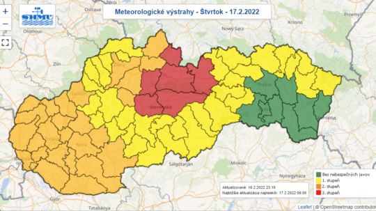 Výstrahy pred vetrom na štvrtok (17. 2.).