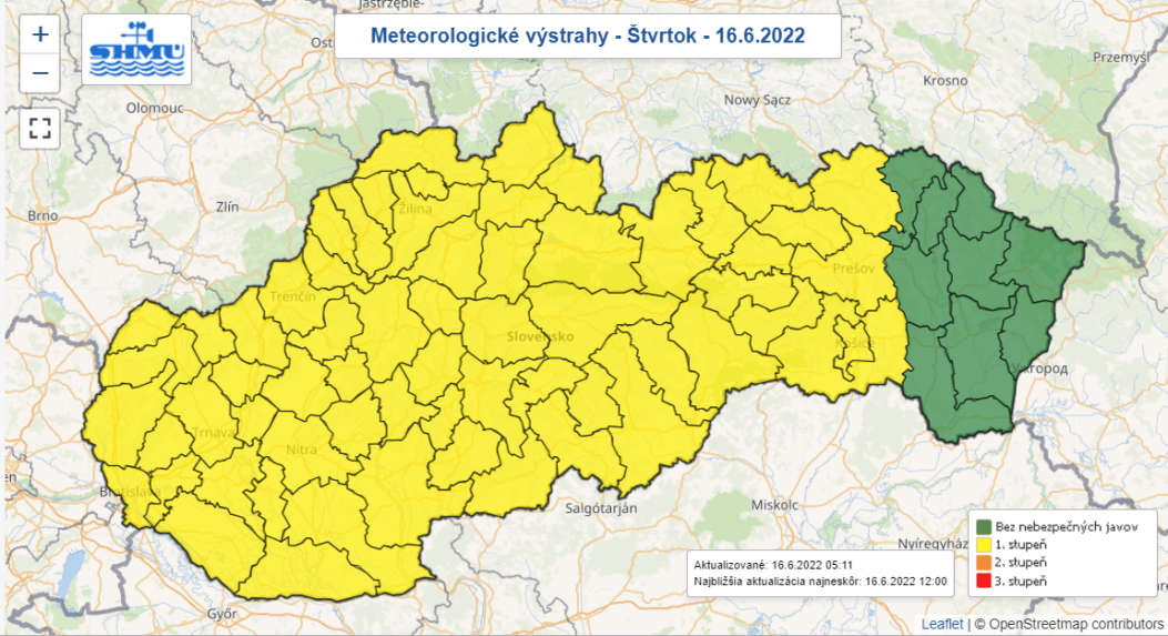 Výstraha pred búrkami na štvrtok (16. 6.). 