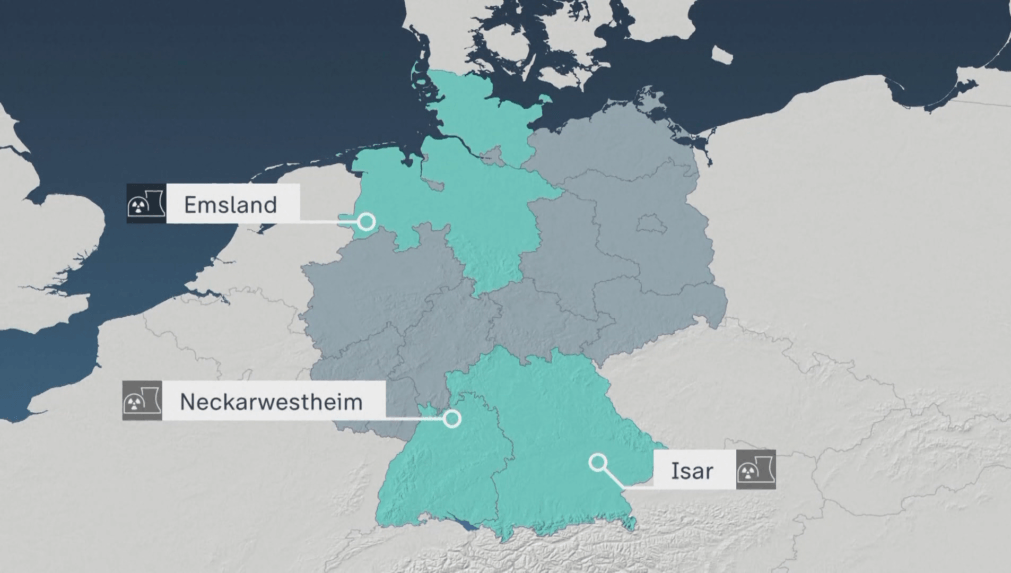 Mapa Nemecka s miestami, v ktorých sú jadrové elektrárne.