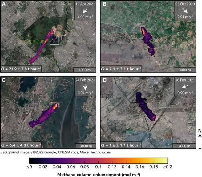 Oblaky metánu nad horiacimi skládkami/A (Buenos Aires, Argentina)/B (Lahore, Pakistan)/C (Mumbai, India)/D (Delhi, India)