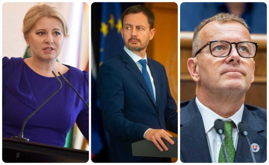Zľava prezidentka Zuzana Čaputová, premiér Eduard Heger a predseda parlamentu Boris Kollár.