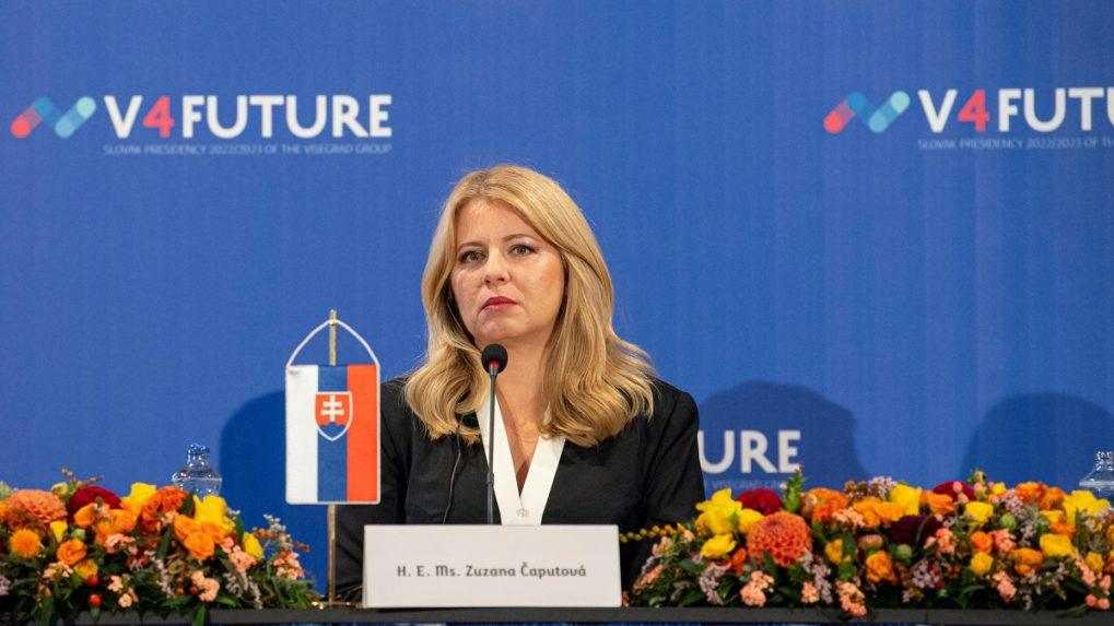 Na snímke je prezidentka Slovenskej republiky Zuzana Čaputová na tlačovej konferencii po stretnutí prezidentov krajín Vyšehradskej štvorky
