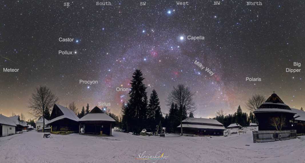 360-stupňová horizontálna kompozitná panoráma 66 vertikálnych snímok nasnímaných postupne tou istou kamerou a z toho istého miesta približne o 2:30 hod. Zachytené v obci Zuberec na Orave.
