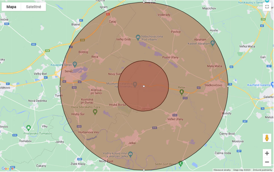 Mapa ochranného pásma a pásma výskytu - ohnisko Farma Lúčny dvor
