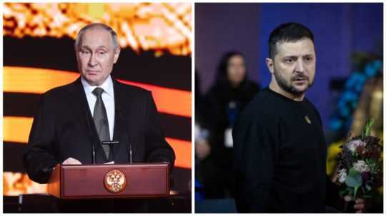 Na snímke ruský prezident Vladimir Putin a ukrajinský prezident Volodymir Zelenskyj.