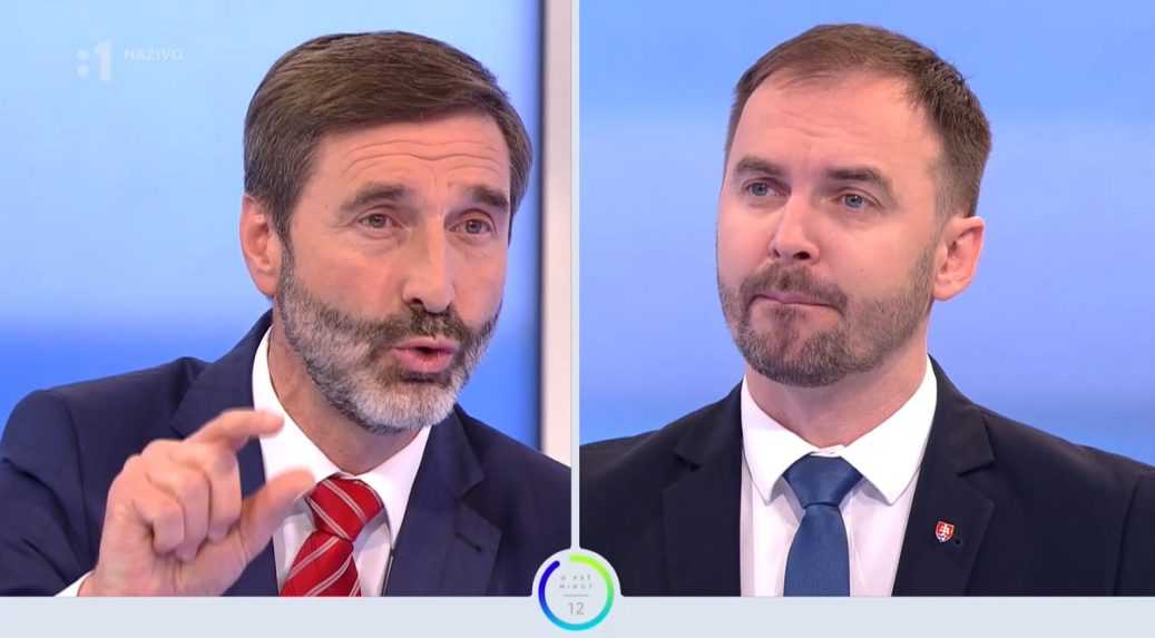 Poslanci Juraj Blanár (Smer-SD) a Michal Šipoš (OĽANO) v diskusnej relácii RTVS O 5 minút 12.