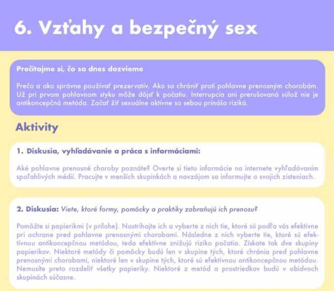 Na snímke z pracovného zošita Partnerská a sexuálna výchova kapitola Vzťahy a bezpečný sex.