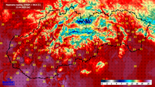 Na snímke je teplotná mapa Slovenska zo soboty 22. apríla 2023.