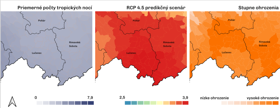 Na mape je zvýraznený počet tropických dní, predikcia vývinu v regióne a stupne ohrozenia v okresoch Lučenec, Rimavská Sobota a Poltár.