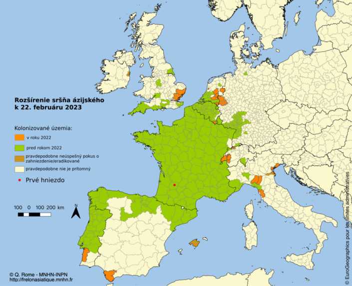Mapa rozšírenia sršňa ázijského k 22. februáru 2023.