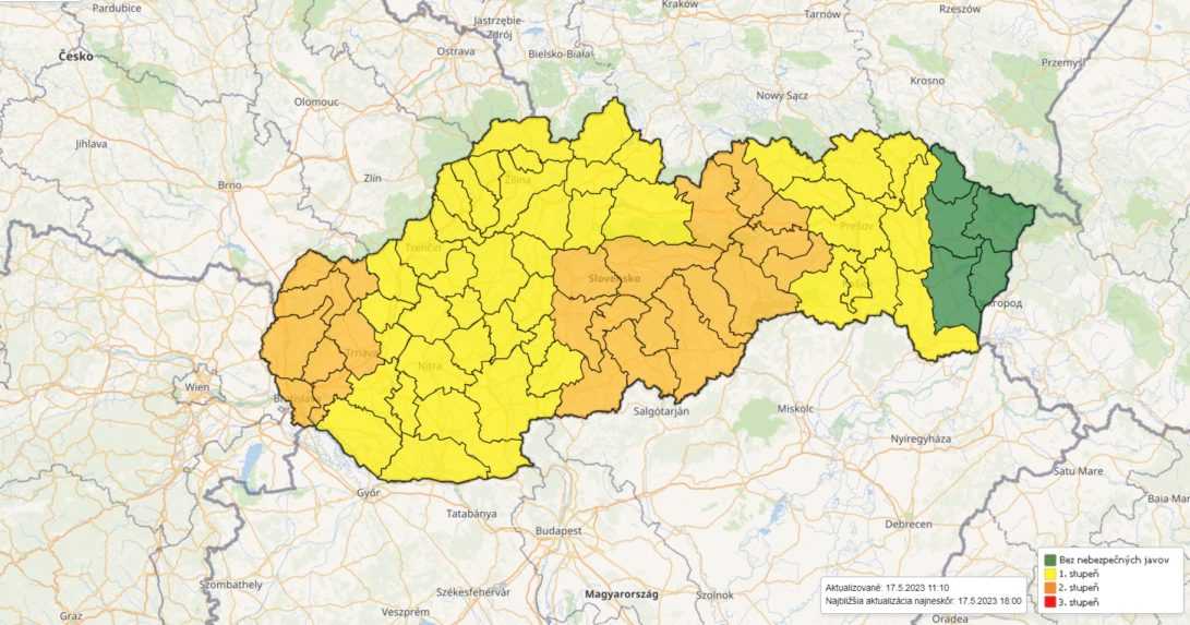 Mapa s regiónmi, v ktorých platí výstraha pred dažďom.
