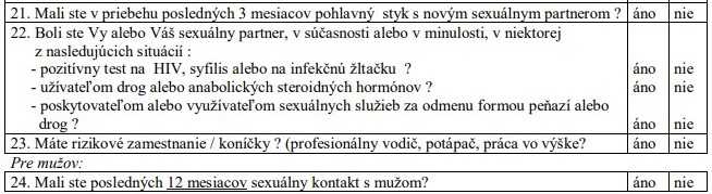 Časť dotazníka týkajúca sa sexuálneho správania potenciálneho darcu.