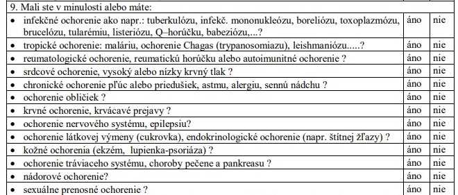 Časť dotazníka týkajúca sa sexuálneho správania potenciálneho darcu.
