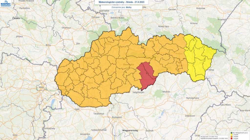 Výstrahy pred búrkami 21. júna 2023.