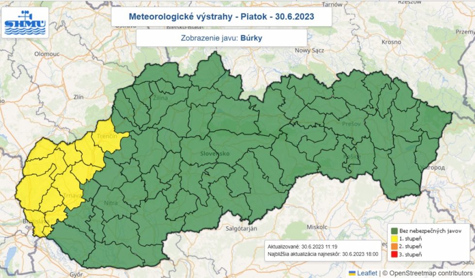 Výstraha pred búrkami v piatok 30. júna.