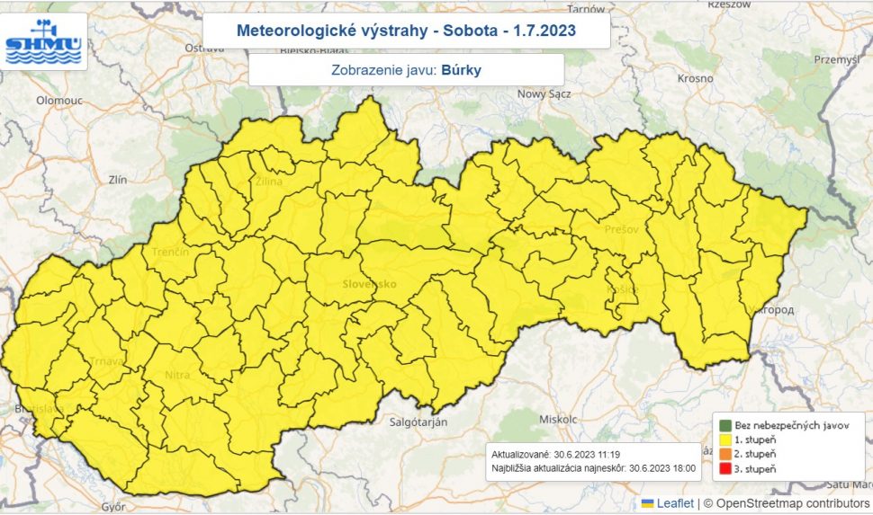 Výstraha pred búrkami v sobotu 1. júla.