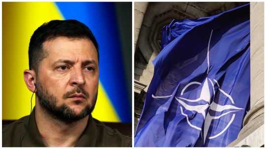 Na snímke je ukrajinský prezident Volodymyr Zelenskyj a vlajka NATO.