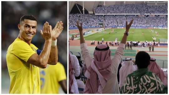 Na koláži vľavo futbalista Cristiano Ronaldo, vpravo fanúšikovia na futbalovom štadióne.