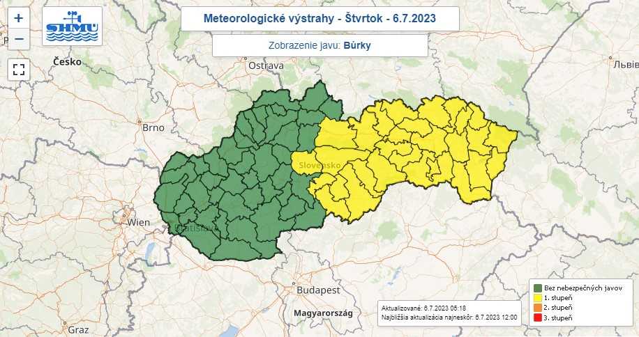 Výstraha pred búrkami vo štvrtok (6. 7.).