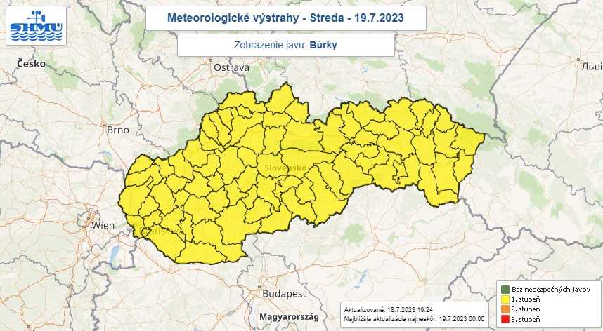 Výstraha pred búrkami v stredu 19. júla.
