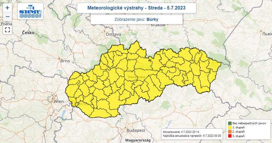Výstraha pred búrkami v stredu (5. 7.).
