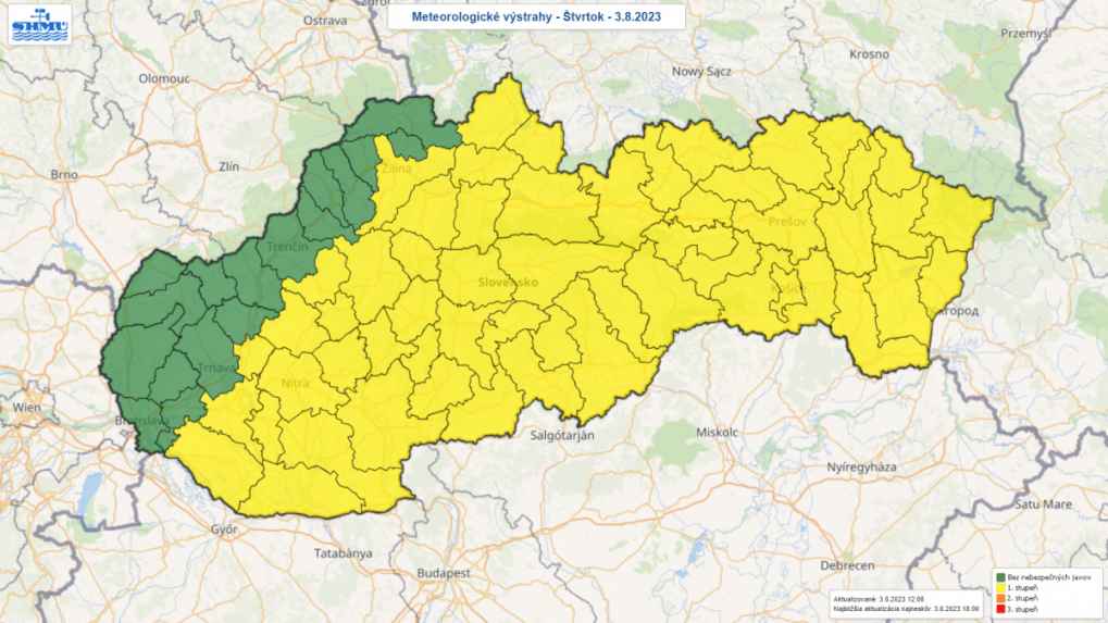 Výstraha je vydaná pre Banskobystrický, Košický, Nitriansky, Prešovský kraj, tiež pre väčšinu Žilinského kraja.