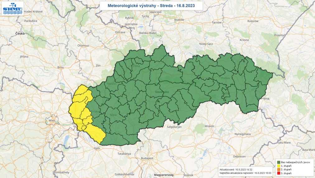 Výstraha prvého stupňa pred búrkami 16. augusta.