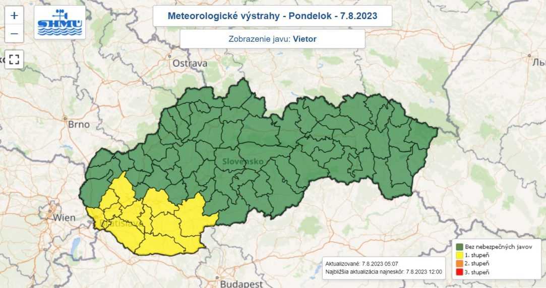 Výstraha pred vetrom v pondelok (7. 8.).