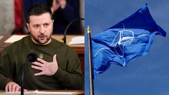 Na snímke ukrajinský prezident Volodymyr Zelenskyj a vlajka NATO.