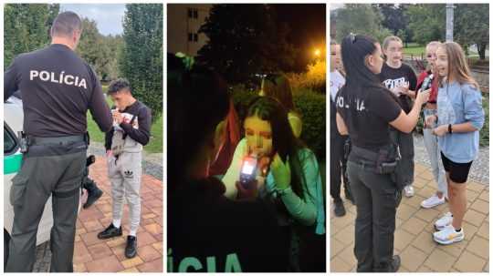 Na koláži fotofrafií polícia vykonáva dychové skúšky na maloletých osobách.