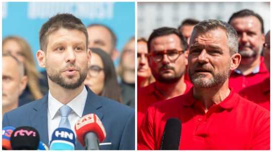 Vľavo predseda PS Michal Šimečka, vpravo šéf Hlasu Peter Pellegrini.