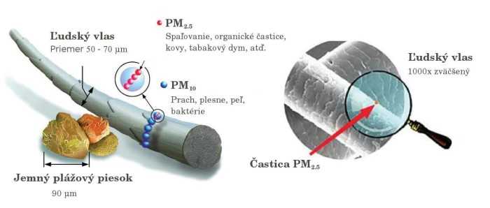 Názorné porovnanie veľkosti častíc PM.
