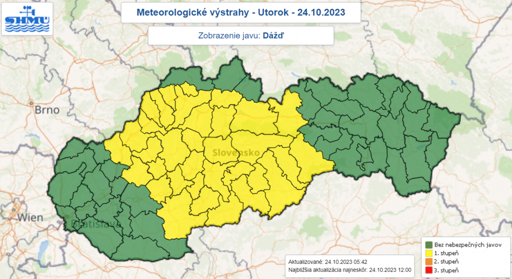 V&yacute;straha pred dažďom v utorok 24. okt&oacute;bra 2023.