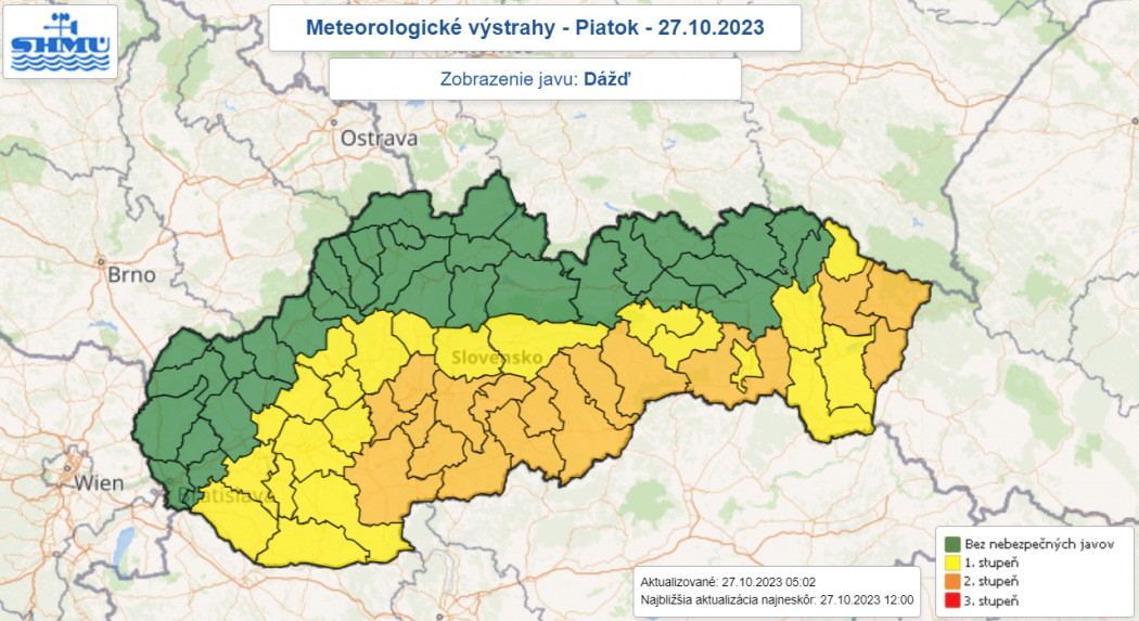 Výstraha pred dažďom v piatok 27. 10. 2023.