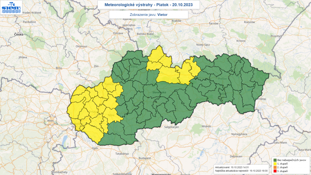 Výstraha pred vetrom na piatok 20. októbra.