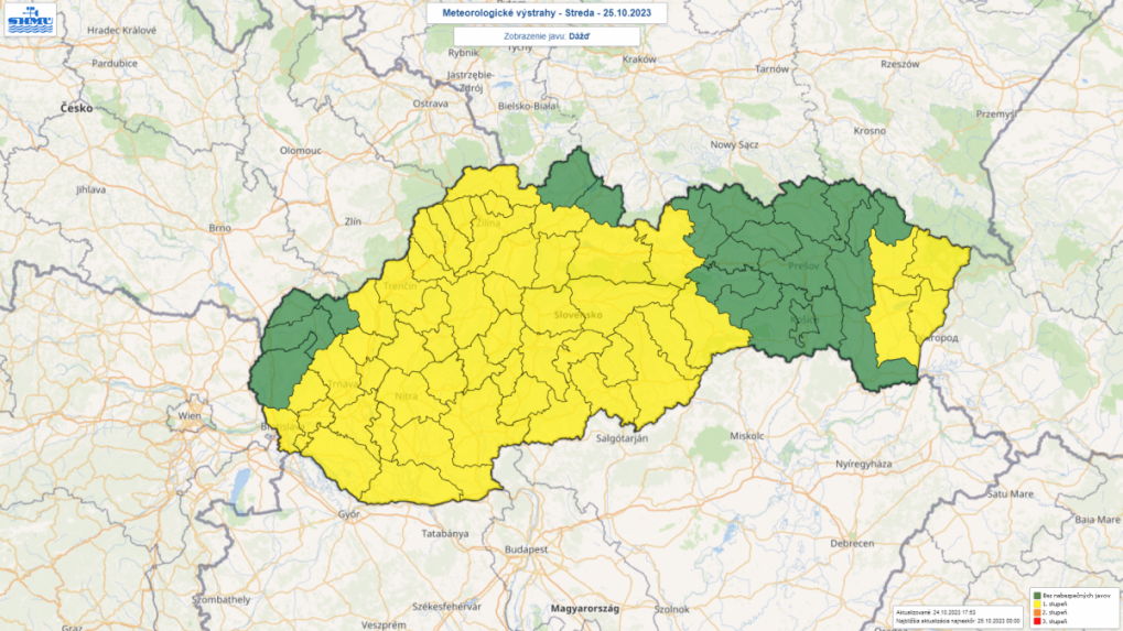 Výstraha pred dažďom v utorok 25. októbra 2023.