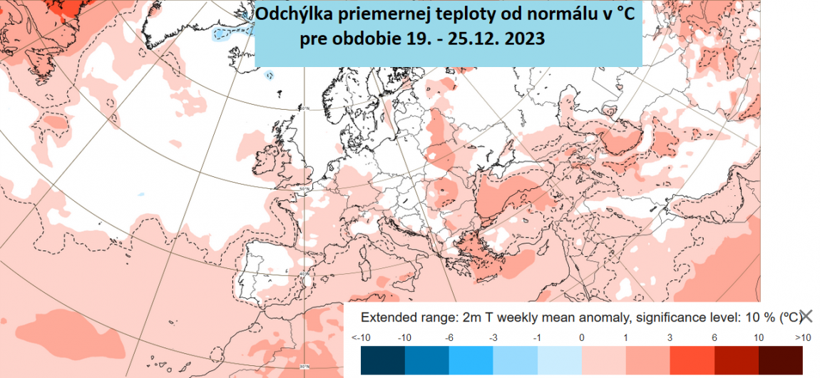 Mapa s odchýlkou priemernej teploty od normálu.