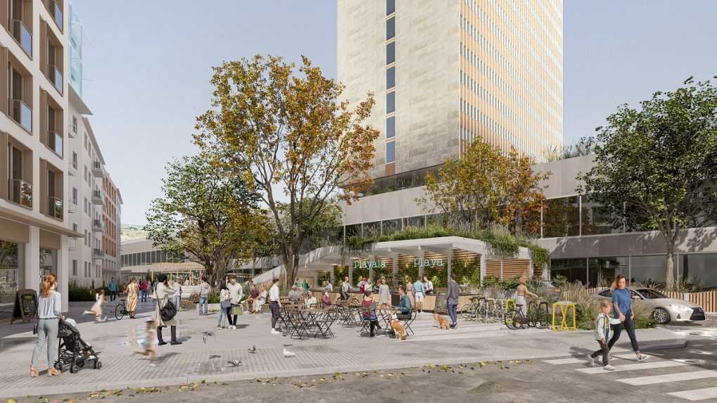 Vizualizácia verejného priestoru Námestie umelcov a budova bývalého Hotela Kyjev.