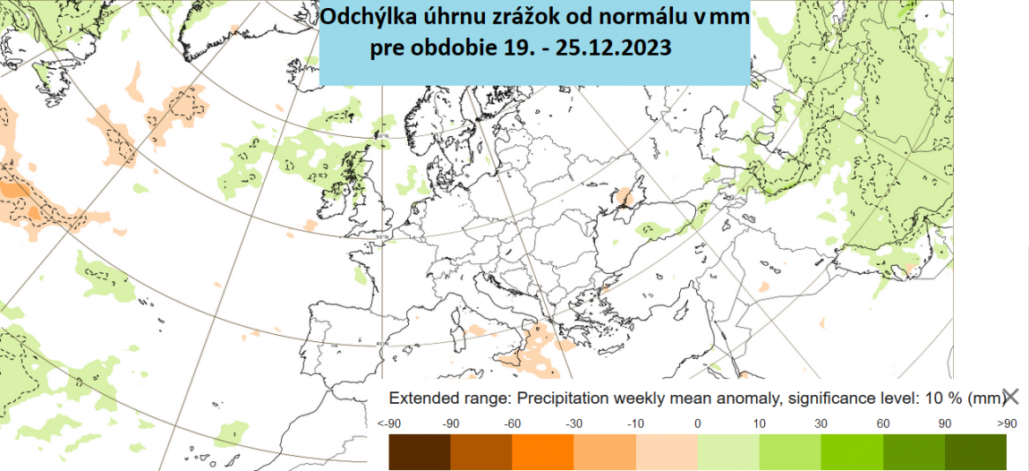 Mapa s odchýlkou úhrnu zrážok od normálu.