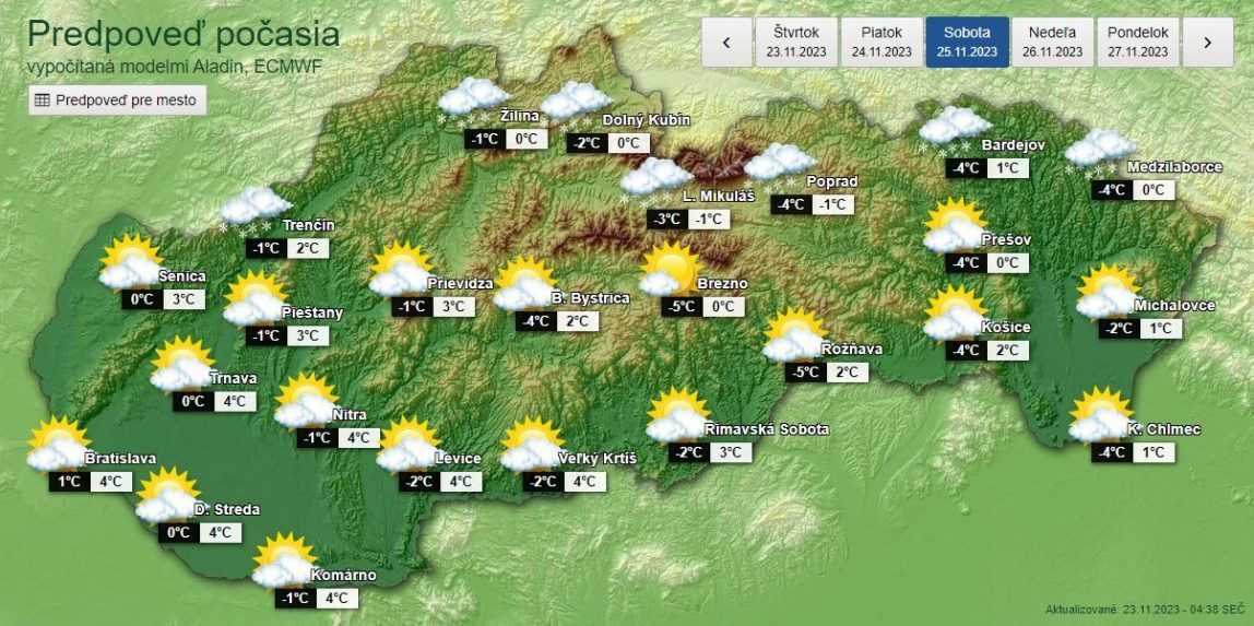 Grafická predpoveď počasia na sobotu 25. novembra.