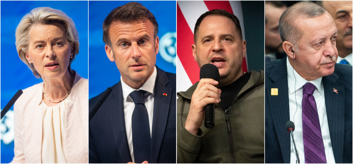 Zľava Ursula von der Leyenová, Emmanuel Macron, Andrij Jermak a Recep Tayip Erdogan.