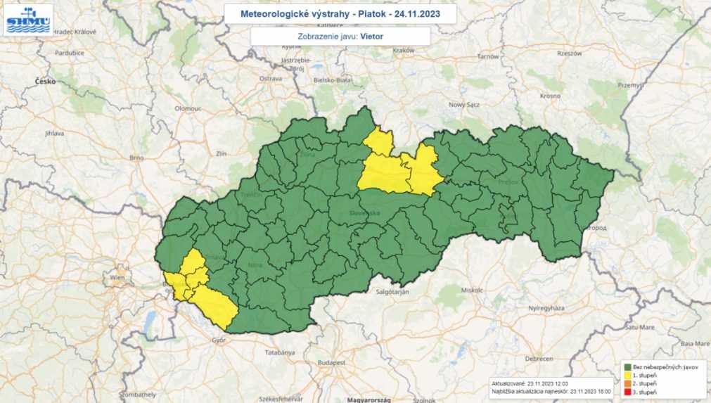 Výstraha pred vetrom v piatok 23. novembra.